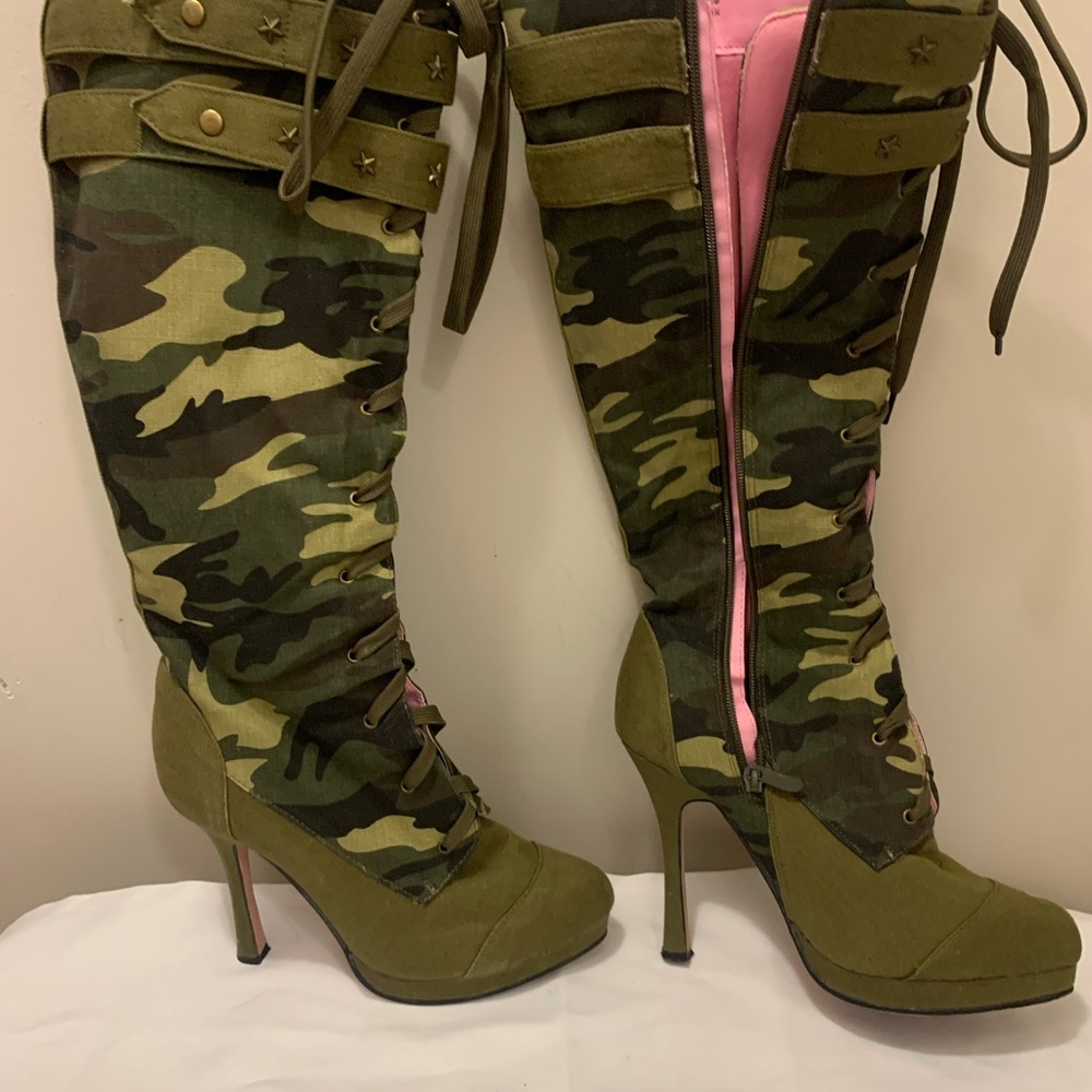 Camouflage Knee High Heel Boots